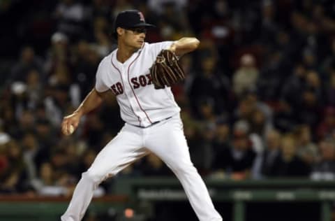 Apr 12, 2017; Boston, MA, USA; Boston Red Sox relief pitcher Joe Kelly (56) pitches during the seventh inning against the Baltimore Orioles at Fenway Park. Mandatory Credit: Bob DeChiara-USA TODAY Sports