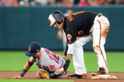 Apr 21, 2017; Baltimore, MD, USA; Boston Red Sox second baseman Dustin Pedroia (15) reacts after a collision with Baltimore Orioles third baseman Manny Machado (13) in the eighth inning at Oriole Park at Camden Yards. Mandatory Credit: Evan Habeeb-USA TODAY Sports