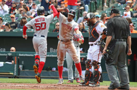 Apr 23, 2017; Baltimore, MD, USA; Boston Red Sox outfielder Mookie Betts (50) is greeted by shortstop Xander Bogaerts (2) after hitting a three-run home run against the Baltimore Orioles at Oriole Park at Camden Yards. Mandatory Credit: Mitch Stringer-USA TODAY Sports