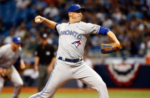 Apr 8, 2017; St. Petersburg, FL, USA; Toronto Blue Jays starting pitcher Aaron Sanchez (41) throws a pitch during the first inning against the Tampa Bay Rays at Tropicana Field. Mandatory Credit: Kim Klement-USA TODAY Sports