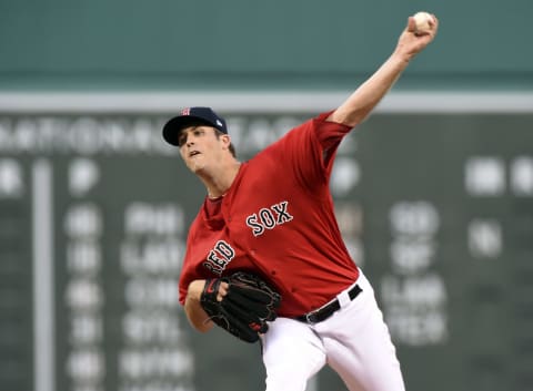 Apr 28, 2017; Boston, MA, USA; Boston Red Sox starting pitcher Drew Pomeranz (31) pitches during the first inning against the Chicago Cubs at Fenway Park. Mandatory Credit: Bob DeChiara-USA TODAY Sports