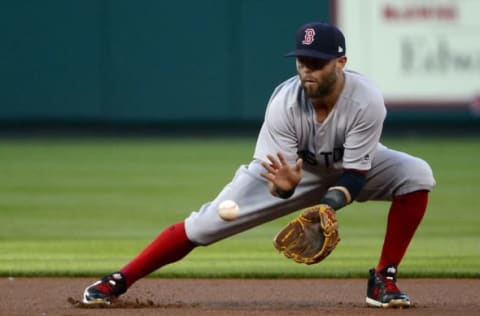 May 16, 2017; St. Louis, MO, USA; Boston Red Sox second baseman Dustin Pedroia (15) fields a ground ball during the first inning against the St. Louis Cardinals at Busch Stadium. Mandatory Credit: Jeff Curry-USA TODAY Sports