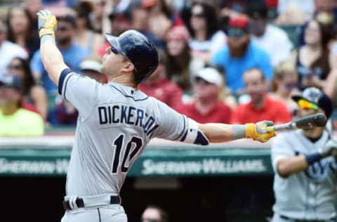 May 17, 2017; Cleveland, OH, USA; Tampa Bay Rays designated hitter Corey Dickerson (10) hits a three run home run during the second inning against the Cleveland Indians at Progressive Field. Mandatory Credit: Ken Blaze-USA TODAY Sports