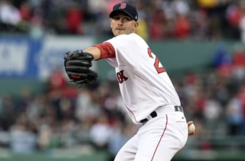 May 23, 2017; Boston, MA, USA; Boston Red Sox starting pitcher Rick Porcello (22) pitches during the first inning against the Texas Rangers at Fenway Park. Mandatory Credit: Bob DeChiara-USA TODAY Sports