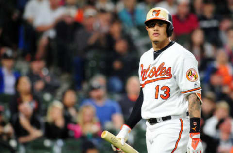 May 30, 2017; Baltimore, MD, USA; Baltimore Orioles third baseman Manny Machado (13) reacts after striking out in the sixth inning against the New York Yankees at Oriole Park at Camden Yards. Mandatory Credit: Evan Habeeb-USA TODAY Sports