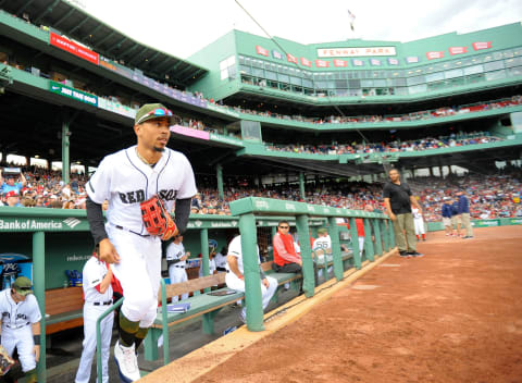 May 28, 2017; Boston, MA, USA; Boston Red Sox right fielder Mookie Betts (50) takes the field before the start of a game against the Seattle Mariners at Fenway Park. Mandatory Credit: Bob DeChiara-USA TODAY Sports