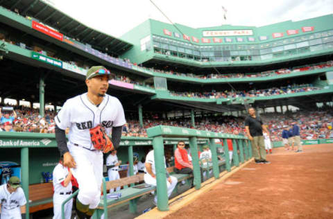 May 28, 2017; Boston, MA, USA; Boston Red Sox right fielder Mookie Betts (50) takes the field before the start of a game against the Seattle Mariners at Fenway Park. Mandatory Credit: Bob DeChiara-USA TODAY Sports