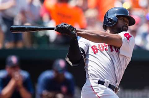 Jun 4, 2017; Baltimore, MD, USA; Boston Red Sox center fielder Jackie Bradley Jr. (19) hits a two-run RBI double in the first inning during a game against the Baltimore Orioles at Oriole Park at Camden Yards. Mandatory Credit: Patrick McDermott-USA TODAY Sports