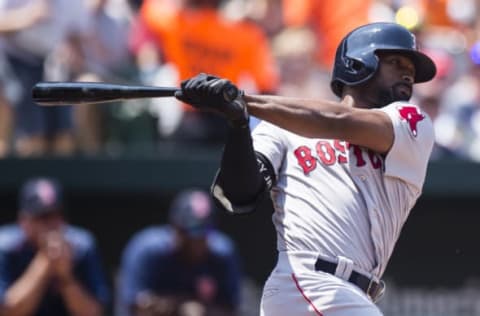 Jun 4, 2017; Baltimore, MD, USA; Boston Red Sox center fielder Jackie Bradley Jr. (19) hits a two-run RBI double in the first inning during a game against the Baltimore Orioles at Oriole Park at Camden Yards. Mandatory Credit: Patrick McDermott-USA TODAY Sports