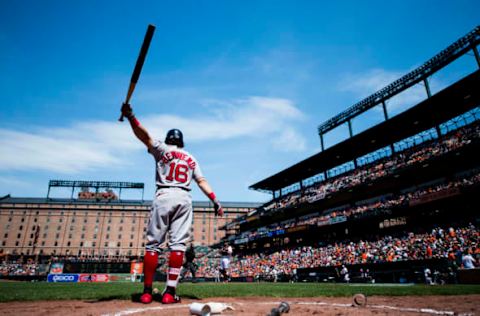 Jun 4, 2017; Baltimore, MD, USA; Boston Red Sox left fielder Andrew Benintendi (16) prepares to hit against the Baltimore Orioles in the fifth inning during a game at Oriole Park at Camden Yards. Mandatory Credit: Patrick McDermott-USA TODAY Sports