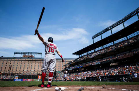 Jun 4, 2017; Baltimore, MD, USA; Boston Red Sox left fielder Andrew Benintendi (16) prepares to hit against the Baltimore Orioles in the fifth inning during a game at Oriole Park at Camden Yards. Mandatory Credit: Patrick McDermott-USA TODAY Sports