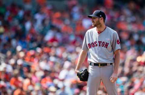 Jun 4, 2017; Baltimore, MD, USA; Boston Red Sox starting pitcher Chris Sale (41) prepares to throw a pitch to a Baltimore Orioles batter in the sixth inning during a game at Oriole Park at Camden Yards. Mandatory Credit: Patrick McDermott-USA TODAY Sports