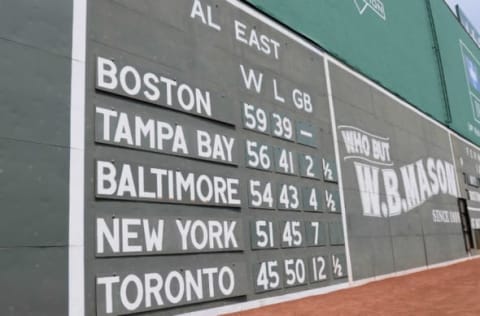 Jul 20, 2013; Boston, MA, USA; A general view of the left field scoreboard showing the American League East standings prior to a game between the Boston Red Sox and New York Yankees at Fenway Park. Mandatory Credit: Bob DeChiara-USA TODAY Sports