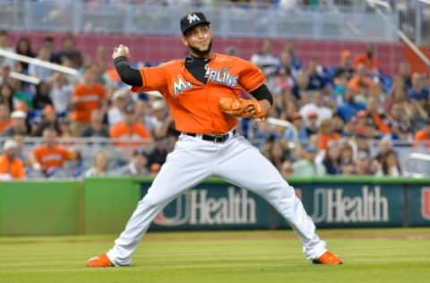 May 17, 2015; Miami, FL, USA; Miami Marlins starting pitcher Henderson Alvarez (37) throws to first base during the second inning against the Atlanta Braves at Marlins Park. Mandatory Credit: Steve Mitchell-USA TODAY Sports