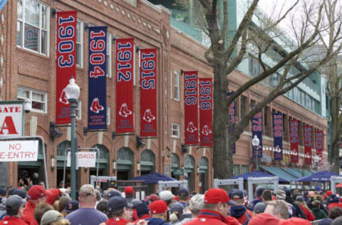 Apr 11, 2016; Boston, MA, USA; Baseball fans walk along Yawkey Way before the Boston Red Sox home opener against the Baltimore Orioles at Fenway Park. Mandatory Credit: David Butler II-USA TODAY Sports