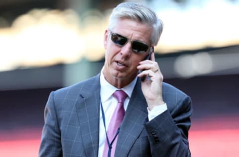 Jul 5, 2016; Boston, MA, USA; Boston Red Sox president of baseball operations Dave Dombrowski speaks on the phone prior to a game against the Texas Rangers at Fenway Park. Mandatory Credit: Mark L. Baer-USA TODAY Sports