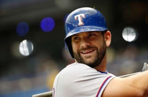 Aug 21, 2016; St. Petersburg, FL, USA; Texas Rangers first baseman Mitch Moreland (18) on deck to bat against the Tampa Bay Rays at Tropicana Field. Tampa Bay Rays defeated the Texas Rangers 8-4. Mandatory Credit: Kim Klement-USA TODAY Sports