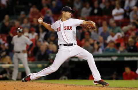 Sep 15, 2016; Boston, MA, USA; Boston Red Sox relief pitcher Joe Kelly (56) throws a pitch against the New York Yankees in the ninth inning at Fenway Park. The Red Sox defeated the Yankees 7-5. Mandatory Credit: David Butler II-USA TODAY Sports