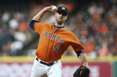 Sep 23, 2016; Houston, TX, USA; Houston Astros starting pitcher Doug Fister (58) delivers a pitch during the third inning against the Los Angeles Angels at Minute Maid Park. Mandatory Credit: Troy Taormina-USA TODAY Sports