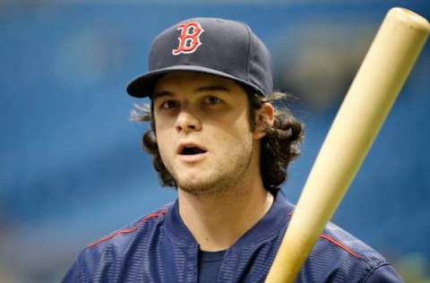 Sep 24, 2016; St. Petersburg, FL, USA; Boston Red Sox left fielder Andrew Benintendi (40) works out prior the game against the Tampa Bay Rays at Tropicana Field. Mandatory Credit: Kim Klement-USA TODAY Sports