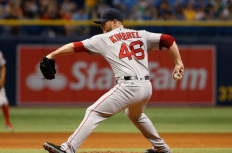 Sep 24, 2016; St. Petersburg, FL, USA; Boston Red Sox relief pitcher Craig Kimbrel (46) throws a pitch against the Tampa Bay Rays at Tropicana Field. Boston Red Sox defeated the Tampa Bay Rays 6-4. Mandatory Credit: Kim Klement-USA TODAY Sports