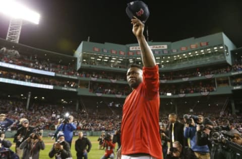 Oct 10, 2016; Boston, MA, USA; Boston Red Sox designated hitter David Ortiz (34) salutes the fans after loosing to the Cleveland Indians 3-4 in game three of the 2016 ALDS playoff baseball series at Fenway Park. Mandatory Credit: Greg M. Cooper-USA TODAY Sports