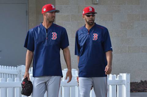 Feb 13, 2017; Lee County, FL, USA; Boston Red Sox starting pitcher Rick Porcello (left) and Boston Red Sox starting pitcher David Price (24) walk to the practice field during reporting day for pitchers and catchers at JetBlue Park. Mandatory Credit: Jasen Vinlove-USA TODAY Sports