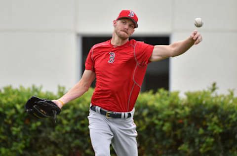 Feb 13, 2017; Lee County, FL, USA; Boston Red Sox starting pitcher Chris Sale (41) plays long toss during reporting day for pitchers and catchers at JetBlue Park. Mandatory Credit: Jasen Vinlove-USA TODAY Sports