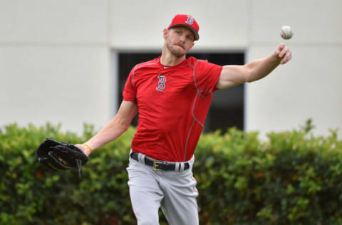 Feb 13, 2017; Lee County, FL, USA; Boston Red Sox starting pitcher Chris Sale (41) plays long toss during reporting day for pitchers and catchers at JetBlue Park. Mandatory Credit: Jasen Vinlove-USA TODAY Sports