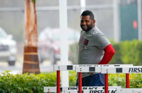 Feb 22, 2017; Ft. Myers, FL, USA; Boston Red Sox third baseman Pablo Sandoval (48) smiles as he works out as it rains during spring training at JetBlue Park. Mandatory Credit: Kim Klement-USA TODAY Sports