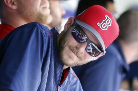 Feb 28, 2017; Fort Myers, FL, USA; Boston Red Sox starting pitcher Chris Sale (41) smiles in the dugout as he talks with teammates against the New York Yankees at JetBlue Park. Mandatory Credit: Kim Klement-USA TODAY Sports