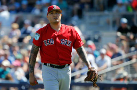 Feb 26, 2017; Port Charlotte, FL, USA; Boston Red Sox starting pitcher Hector Velazquez (76) walks back to the dugout against the Tampa Bay Rays at Charlotte Sports Park. Mandatory Credit: Kim Klement-USA TODAY Sports