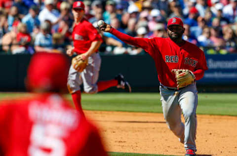 Mar 4, 2017; Bradenton, FL, USA; Boston Red Sox third baseman Pablo Sandoval (48) throws to first for the out in the fifth inning of a baseball game against the Pittsburgh Pirates during spring training at McKechnie Field. Mandatory Credit: Butch Dill-USA TODAY Sports