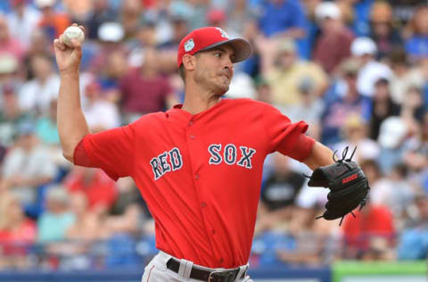 Mar 8, 2017; Port St. Lucie, FL, USA; Boston Red Sox starting pitcher Rick Porcello (22) delivers a pitch against the New York Mets at First Data Field. Mandatory Credit: Jasen Vinlove-USA TODAY Sports