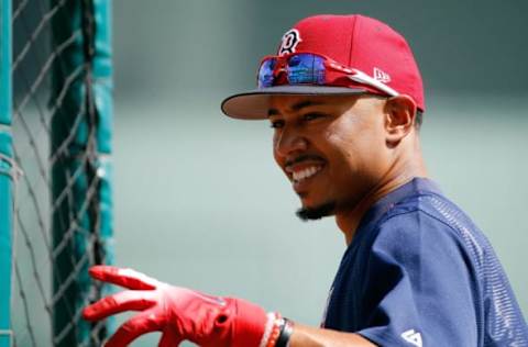 Feb 28, 2017; Fort Myers, FL, USA; Boston Red Sox right fielder Mookie Betts (50) works out prior to their game against the New York Yankees at JetBlue Park. Mandatory Credit: Kim Klement-USA TODAY Sports