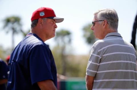 Mar 1, 2017; Sarasota, FL, USA; Boston Red Sox manager John Farrell (53) and president of baseball operations Dave Dombrowski talk prior to their spring training game at Ed Smith Stadium. Mandatory Credit: Kim Klement-USA TODAY Sports