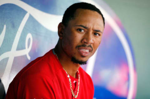 Mar 14, 2017; Fort Myers, FL, USA; Boston Red Sox right fielder Mookie Betts (50) looks on from the dugout against the Toronto Blue Jays at JetBlue Park. Mandatory Credit: Kim Klement-USA TODAY Sports