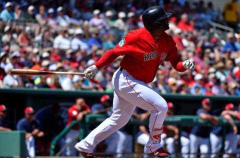 Mar 20, 2017; Fort Myers, FL, USA; Boston Red Sox third baseman Pablo Sandoval (48) doubles in two runs against the Baltimore Orioles during a spring training game at JetBlue Park. Mandatory Credit: Jasen Vinlove-USA TODAY Sports