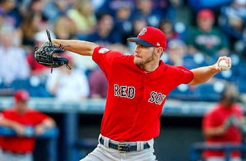 Mar 21, 2017; Tampa, FL, USA; Boston Red Sox starting pitcher Chris Sale (41) throws a pitch in the second inning against the New York Yankees during spring training at George M. Steinbrenner Field. Mandatory Credit: Butch Dill-USA TODAY Sports