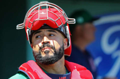 Mar 17, 2017; Fort Myers, FL, USA; Boston Red Sox catcher Sandy Leon (3) against the Houston Astros at JetBlue Park. The Astros won 6-2. Mandatory Credit: Aaron Doster-USA TODAY Sports