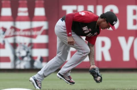 Jul 12, 2015; Cincinnati, OH, USA; World infielder Rafael Devers grabs a ground ball against the U.S. Team during the All Star Futures Game at Great American Ballpark. Mandatory Credit: David Kohl-USA TODAY Sports