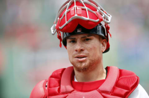 May 22, 2016; Boston, MA, USA; Boston Red Sox catcher Christian Vazquez (7) before the game against the Cleveland Indians at Fenway Park. Mandatory Credit: Greg M. Cooper-USA TODAY Sports