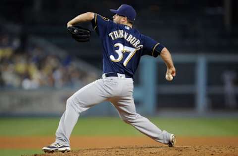 June 16, 2016; Los Angeles, CA, USA; Milwaukee Brewers relief pitcher Tyler Thornburg (37) throws in the eighth inning against Los Angeles Dodgers at Dodger Stadium. Mandatory Credit: Gary A. Vasquez-USA TODAY Sports