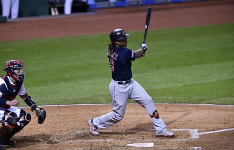 October 6, 2016; Cleveland, OH, USA; Boston Red Sox first baseman Hanley Ramirez (13) hits a double in the fourth inning against the Cleveland Indians during game one of the 2016 ALDS playoff baseball game at Progressive Field. Mandatory Credit: David Richard-USA TODAY Sports