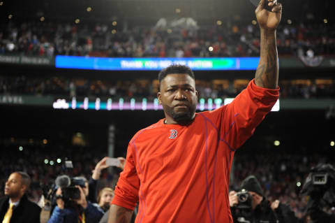 Oct 10, 2016; Boston, MA, USA; Boston Red Sox designated hitter David Ortiz (34) salutes the fans after the loss against the Cleveland Indians in game three of the 2016 ALDS playoff baseball series at Fenway Park. Mandatory Credit: Bob DeChiara-USA TODAY Sports