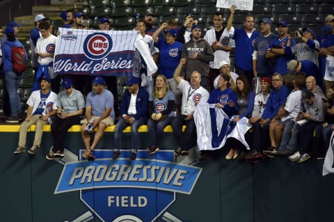 Nov 2, 2016; Cleveland, OH, USA; Chicago Cubs fans celebrate after defeating the Cleveland Indians in game seven of the 2016 World Series at Progressive Field. Mandatory Credit: David Richard-USA TODAY Sports