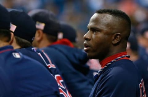 Sep 11, 2015; St. Petersburg, FL, USA;Boston Red Sox left fielder Rusney Castillo (38) in the dugout at Tropicana Field. Mandatory Credit: Kim Klement-USA TODAY Sports