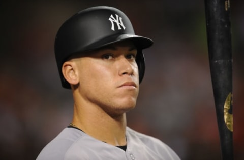 August 20, 2016; Anaheim, CA, USA; New York Yankees right fielder Aaron Judge (99) on deck before hitting in the sixth inning against Los Angeles Angels at Angel Stadium of Anaheim. Mandatory Credit: Gary A. Vasquez-USA TODAY Sports