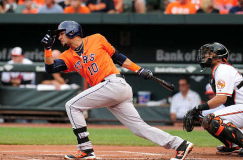 Aug 21, 2016; Baltimore, MD, USA; Houston Astros designated hitter Yulieski Gurriel (0) singles in the second inning for his first career base hit against the Baltimore Orioles at Oriole Park at Camden Yards. Mandatory Credit: Evan Habeeb-USA TODAY Sports