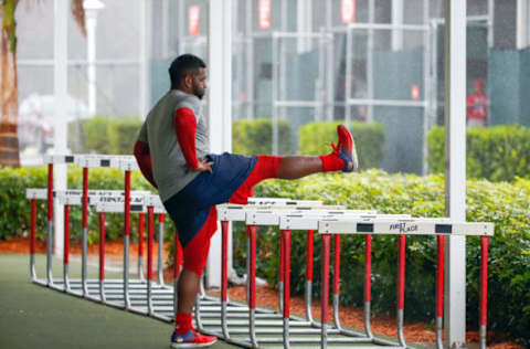 Feb 22, 2017; Ft. Myers, FL, USA; Boston Red Sox third baseman Pablo Sandoval (48) works out as it rains during spring training at JetBlue Park. Mandatory Credit: Kim Klement-USA TODAY Sports